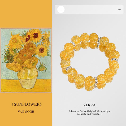 Yellow sunflower painting by Van Gogh next to a yellow bracelet with 'Zerra' branding.