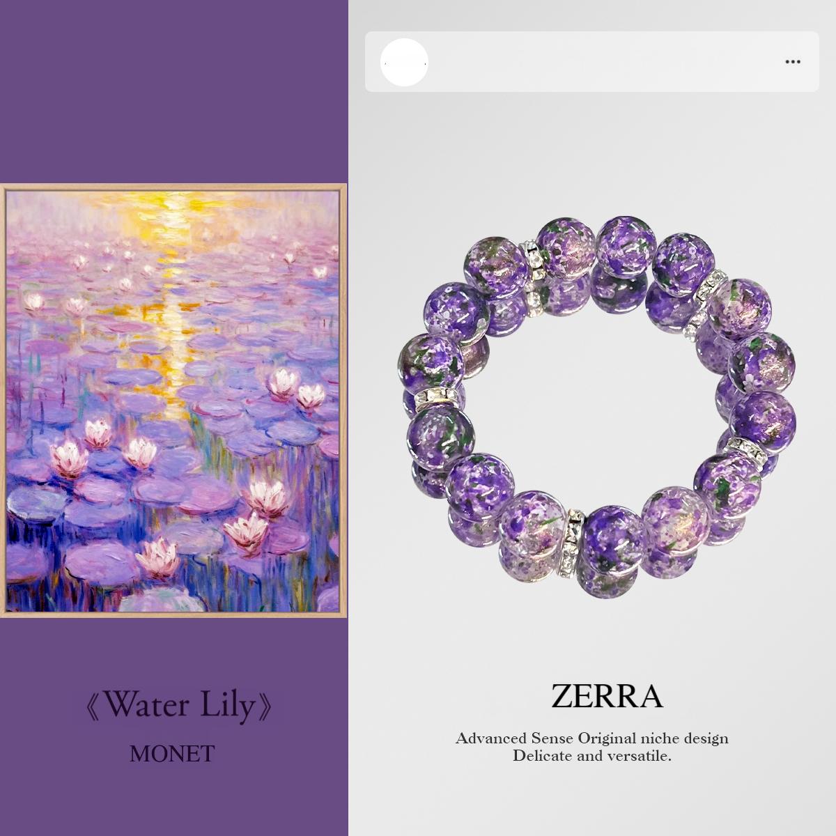 Purple beaded bracelet with 'Zerra' branding next to a painting of water lilies by Monet.