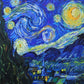 Painting of a starry night sky with swirling patterns and bright stars.