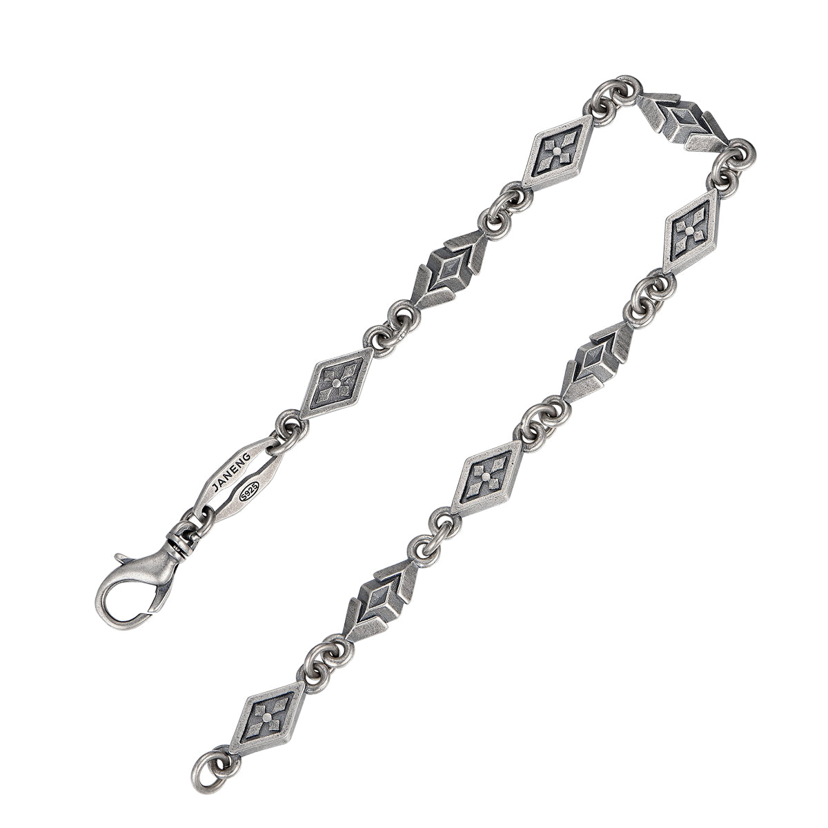 “Close-up of oxidized floral diamond-pattern chain”