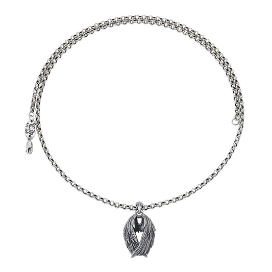 Silver chain necklace with a leaf-shaped pendant on a white background