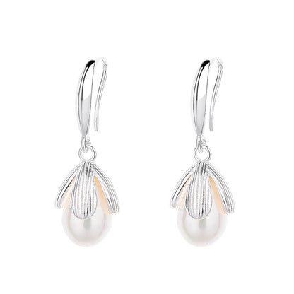 Pair of silver earrings with a white background