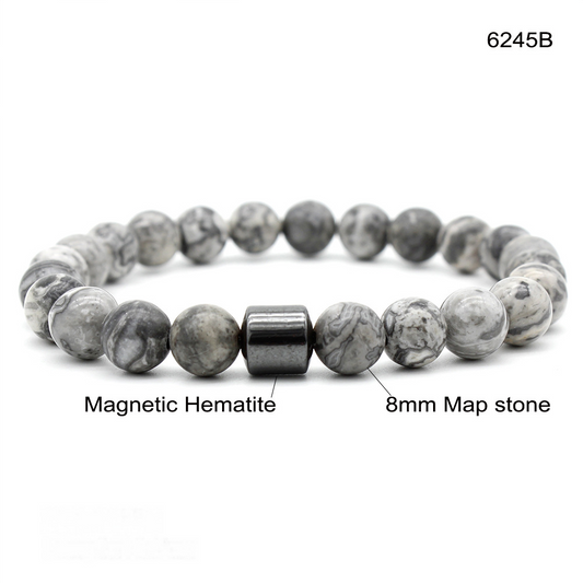 Bracelet with magnetic hematite and 8mm map stone beads on a white background