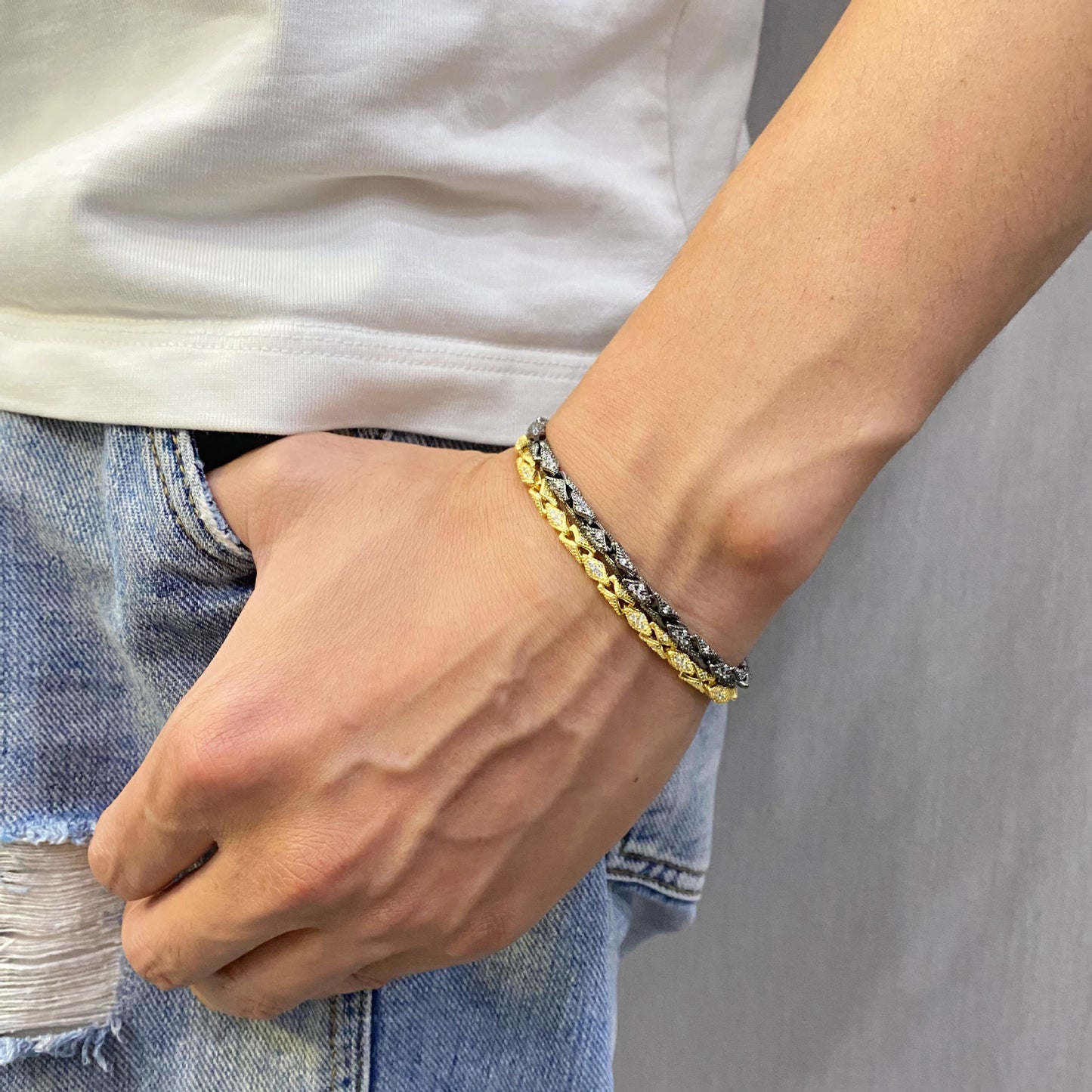 “Men wearing vintage sterling silver snake bone bracelet”