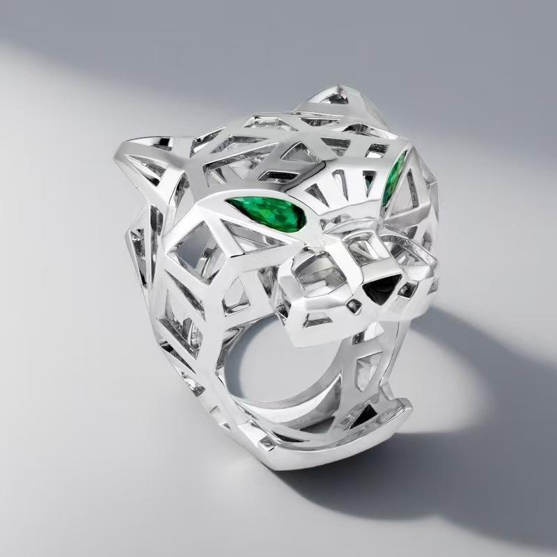 “Wild Grace” Leopard Head Ring | 18K Gold-Plated Sterling SilverSilver panther head ring with green eyes on a gray background