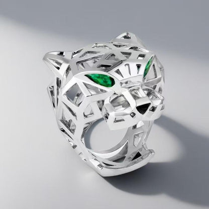 “Wild Grace” Leopard Head Ring | 18K Gold-Plated Sterling SilverSilver panther head ring with green eyes on a gray background