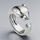 “Wild Grace” Leopard Head Ring | 18K Gold-Plated Sterling Silver Full Zircon Animal RingSilver panther ring with a green gemstone on a gray background