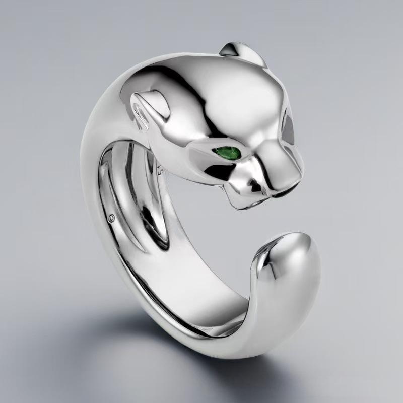 “Wild Grace” Leopard Head Ring | 18K Gold-Plated Sterling Silver Full Zircon Animal RingSilver panther ring with a green gemstone on a gray background