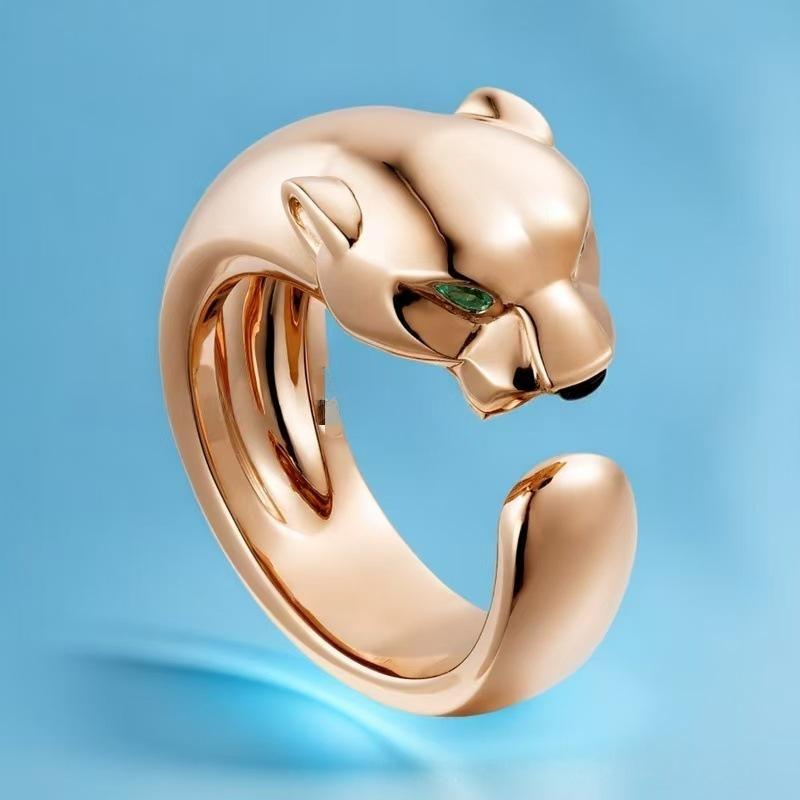 “Wild Grace” Leopard Head Ring | 18K Gold-Plated Sterling Silver Full Zircon Animal RingRose gold panther-shaped ring on a blue background