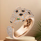 “Wild Grace” Leopard Head Ring | 18K Gold-Plated Sterling Silver Full Zircon Animal RingLuxury rose gold ring with diamond accents on a beige background