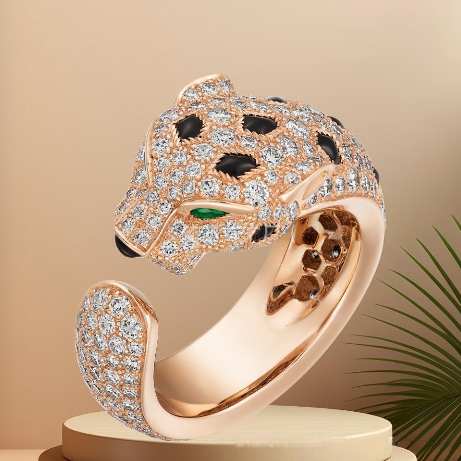 “Wild Grace” Leopard Head Ring | 18K Gold-Plated Sterling Silver Full Zircon Animal RingLuxury rose gold ring with diamond accents on a beige background