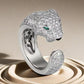 “Wild Grace” Leopard Head Ring | 18K Gold-Plated Sterling Silver Full Zircon Animal RingSilver panther-shaped ring with gemstones on a beige background