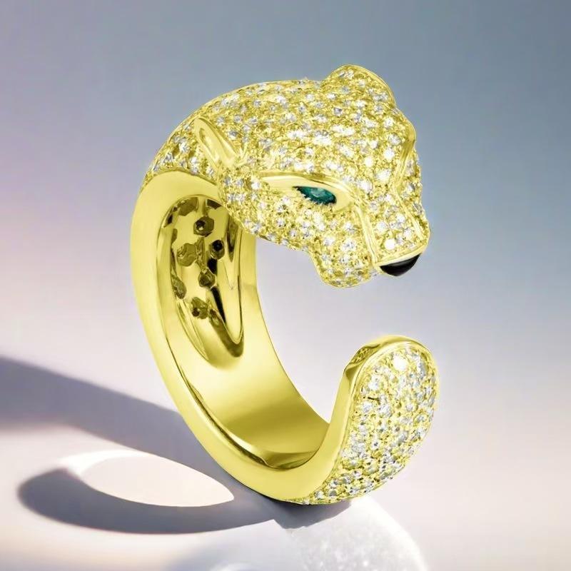 “Wild Grace” Leopard Head Ring | 18K Gold-Plated Sterling Silver Full Zircon Animal RingGold panther-shaped ring with gemstones on a gradient background