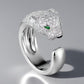 “Wild Grace” Leopard Head Ring | 18K Gold-Plated Sterling Silver Full Zircon Animal RingSilver panther head ring with green gemstone eye on a gray background