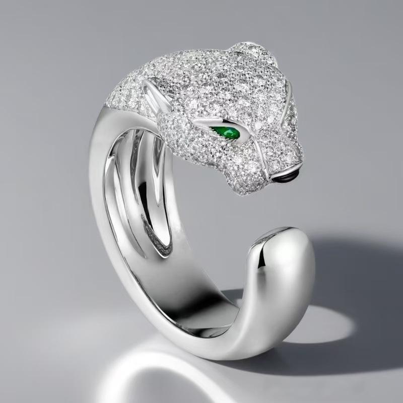 “Wild Grace” Leopard Head Ring | 18K Gold-Plated Sterling Silver Full Zircon Animal RingSilver panther head ring with green gemstone eye on a gray background