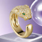 “Wild Grace” Leopard Head Ring | 18K Gold-Plated Sterling Silver Full Zircon Animal RingGold panther-shaped ring with diamond detailing on a purple background