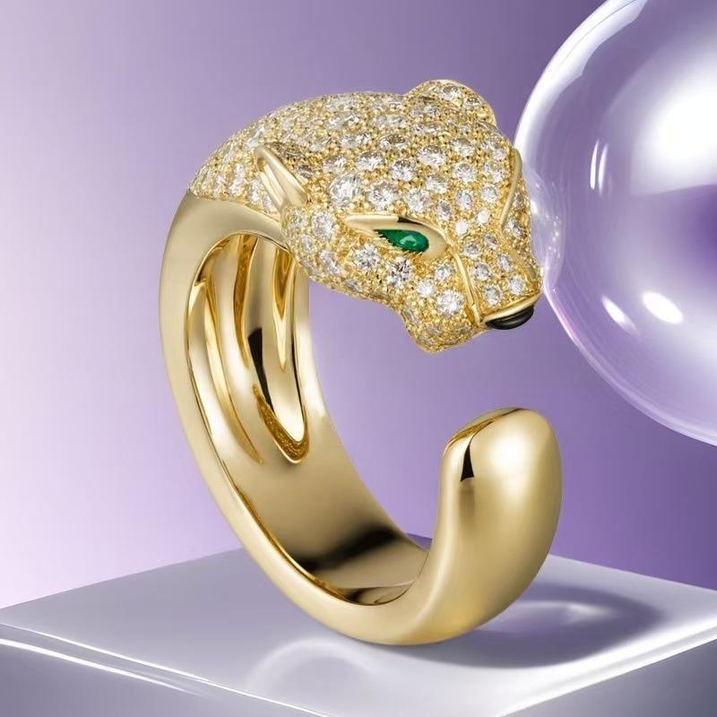 “Wild Grace” Leopard Head Ring | 18K Gold-Plated Sterling Silver Full Zircon Animal RingGold panther-shaped ring with diamond detailing on a purple background