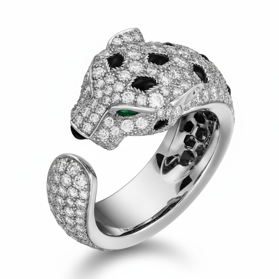 “Wild Grace” Leopard Head Ring | 18K Gold-Plated Sterling Silver Full Zircon Animal RingLuxury panther-shaped ring with gemstones on a white background
