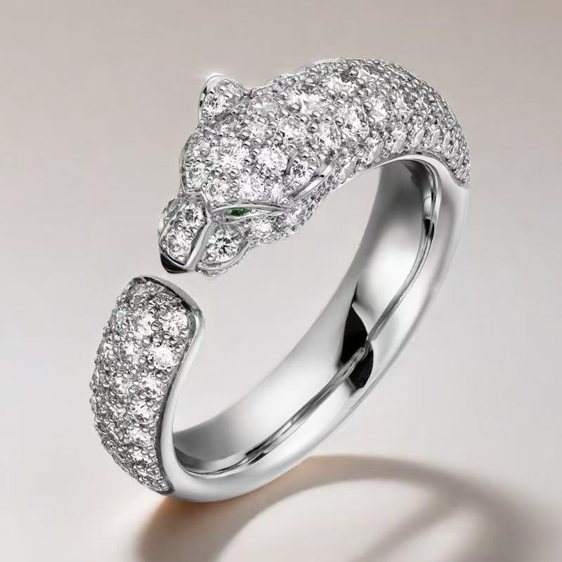 “Wild Grace” Leopard Head Ring | 18K Gold-Plated Sterling Silver Full Zircon Animal Ring womenSilver ring with diamond accents on a light gray background