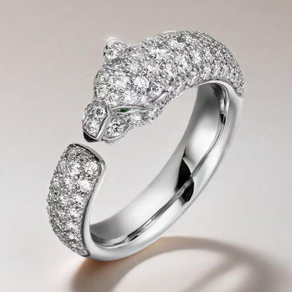 “Wild Grace” Leopard Head Ring | 18K Gold-Plated Sterling Silver Full Zircon Animal Ring womenSilver ring with diamond accents on a light gray background