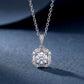 Hanging perspective shot of Art Deco baguette halo diamond pendant necklace.