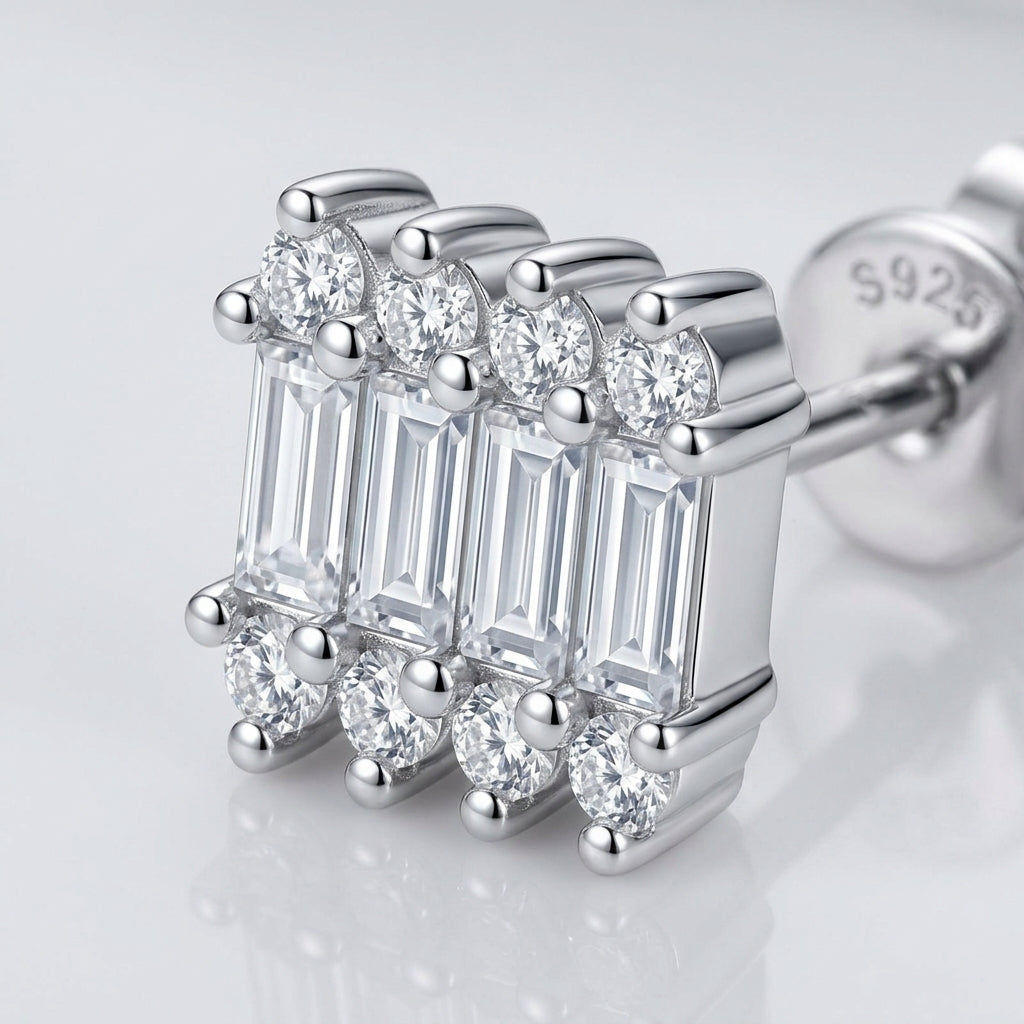 3D perspective view showing baguette center and round accents on S925 moissanite studs.