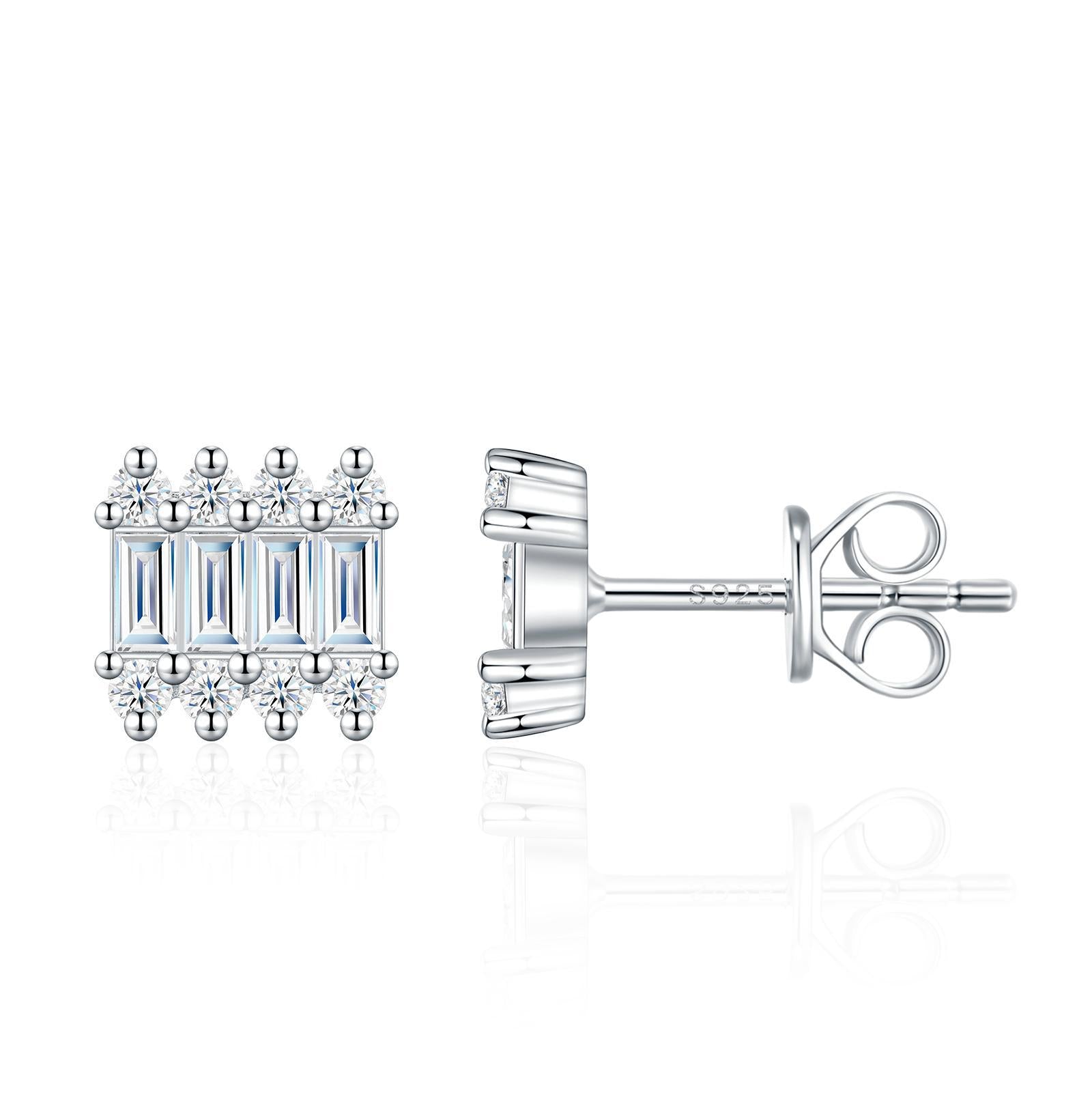 Art Deco baguette and round moissanite stud earrings in sterling silver.