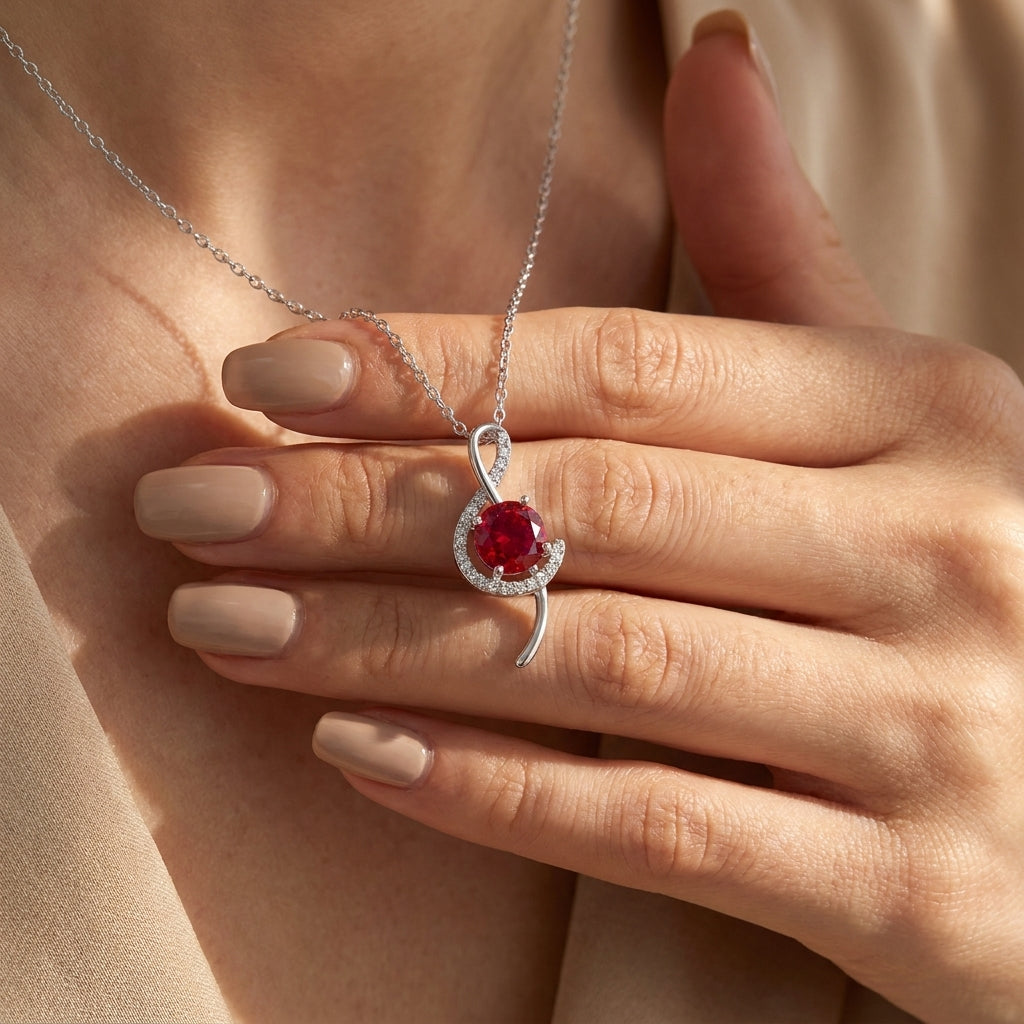 High-angle close-up view of a model wearing the artistic ruby treble clef pendant necklace under soft studio lighting.