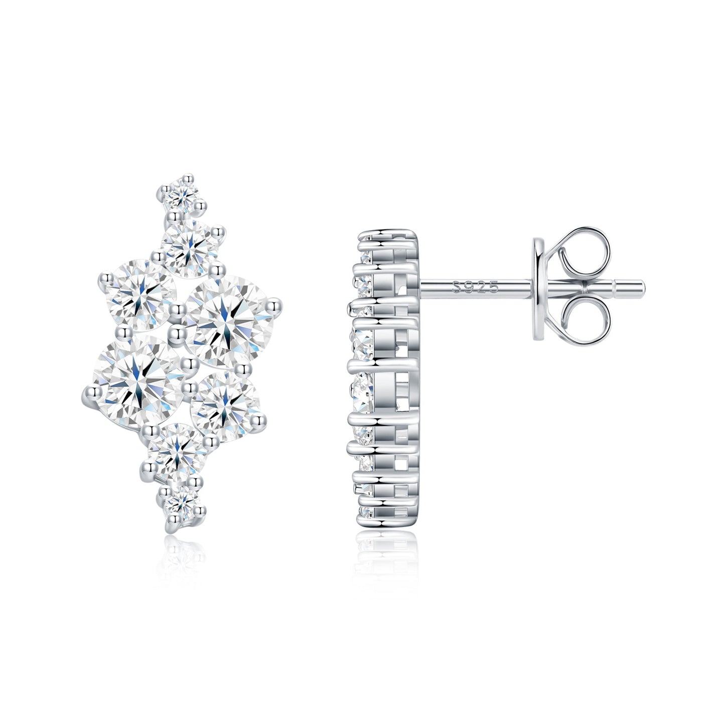Front and side view of asymmetric moissanite cluster studs showing ear post and friction backs.