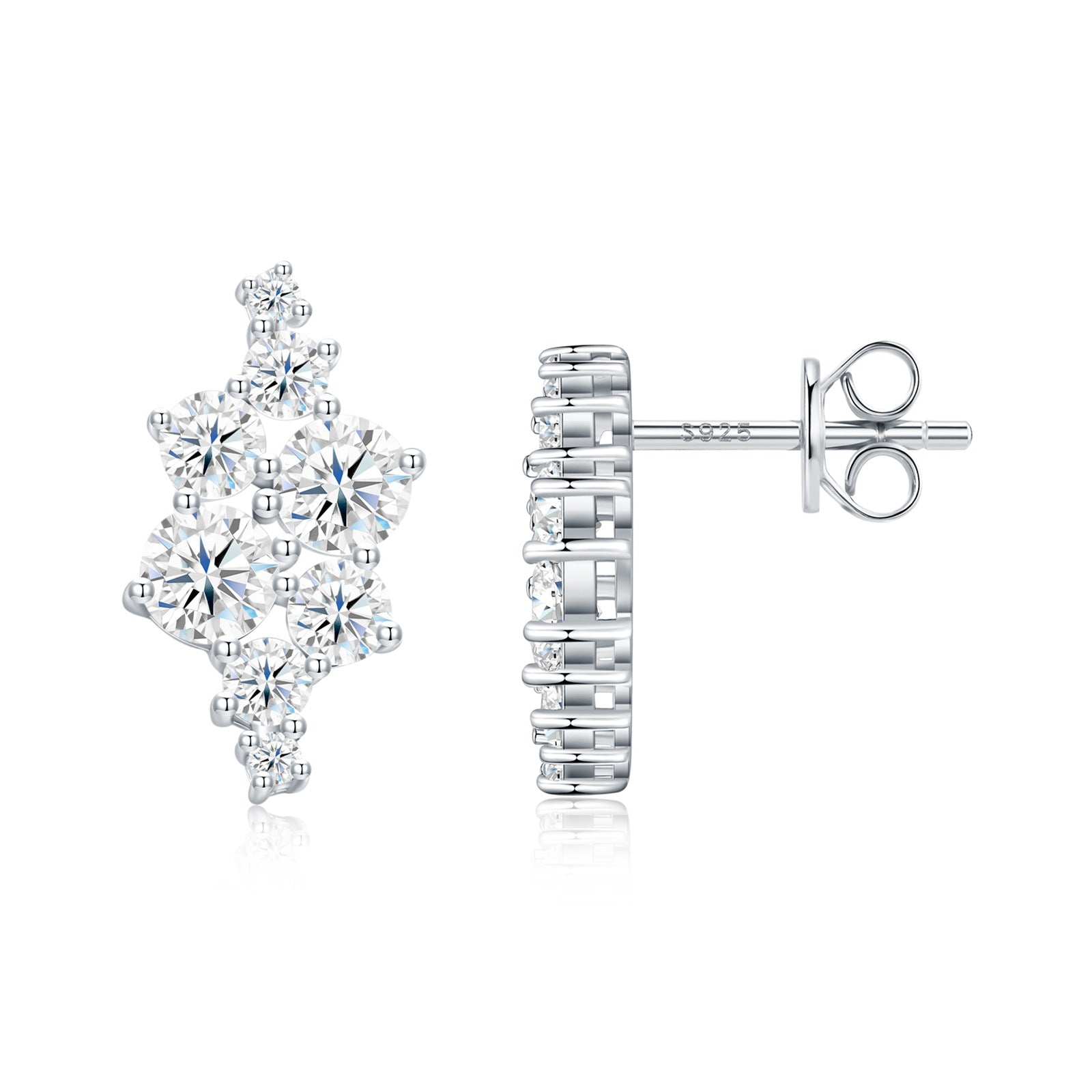Front and side view of asymmetric moissanite cluster studs showing ear post and friction backs.