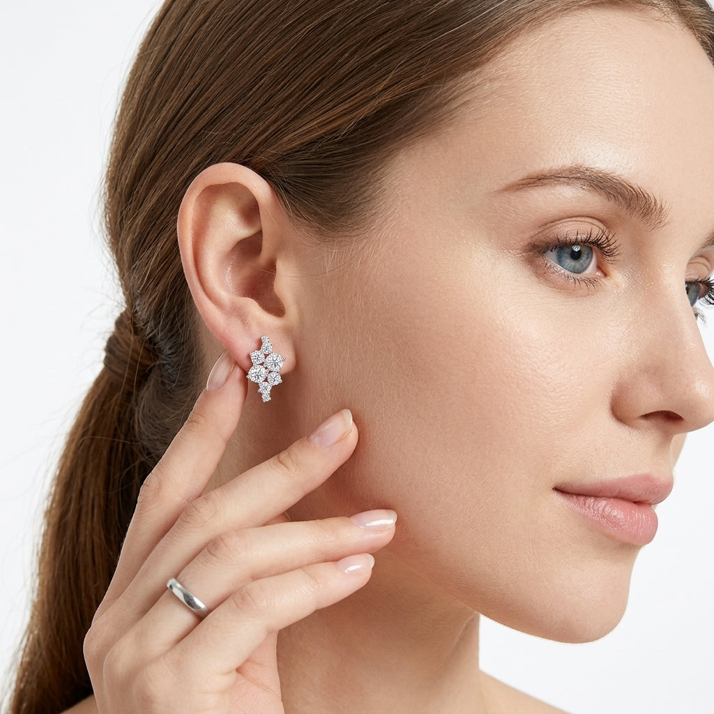 Model displaying asymmetric cluster moissanite stud earrings for everyday modern elegance.