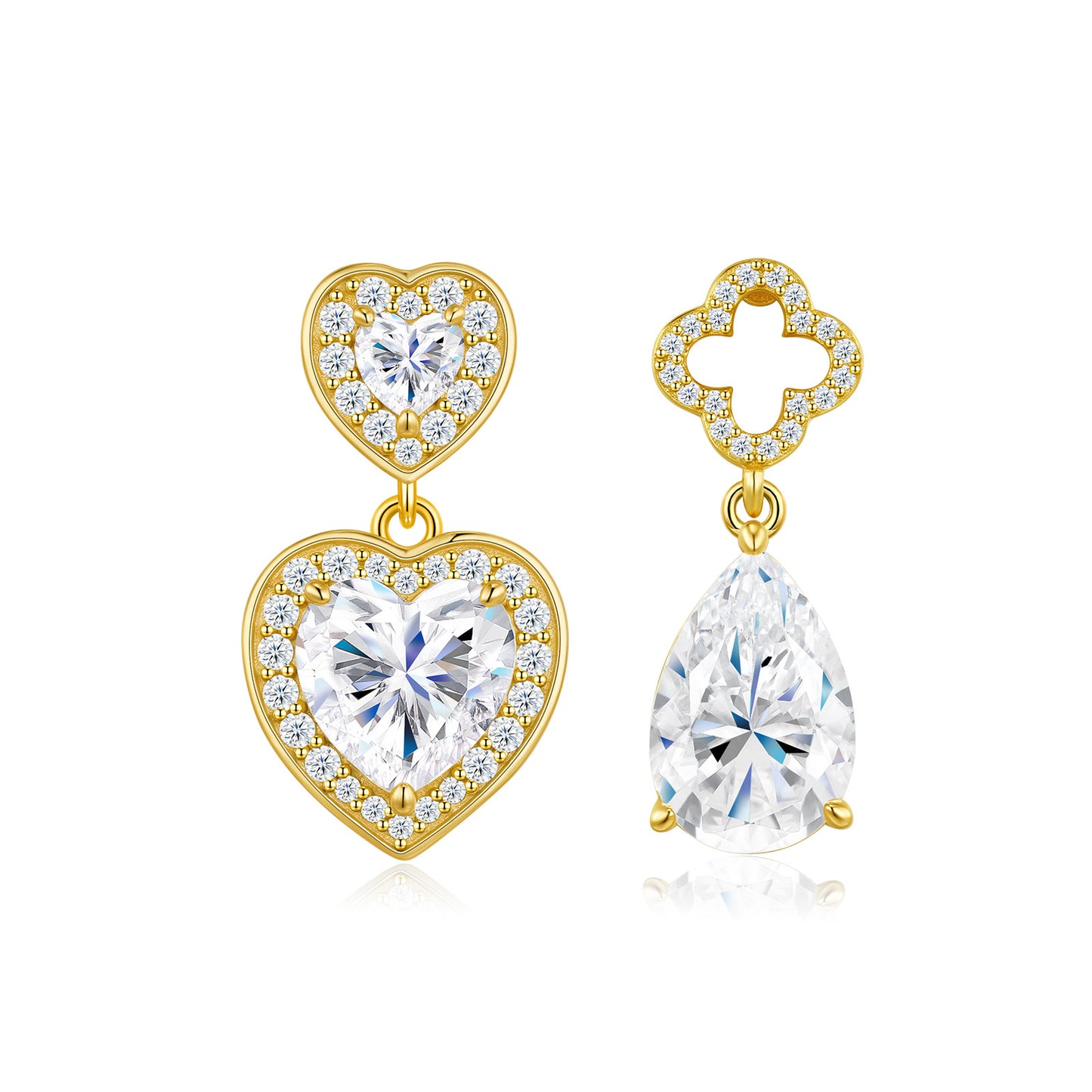 Asymmetric moissanite drop earrings with gold heart halo and pear cut clover drops on white background.