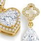 Macro view showing heart halo pave setting and openwork clover stud on gold moissanite earrings.