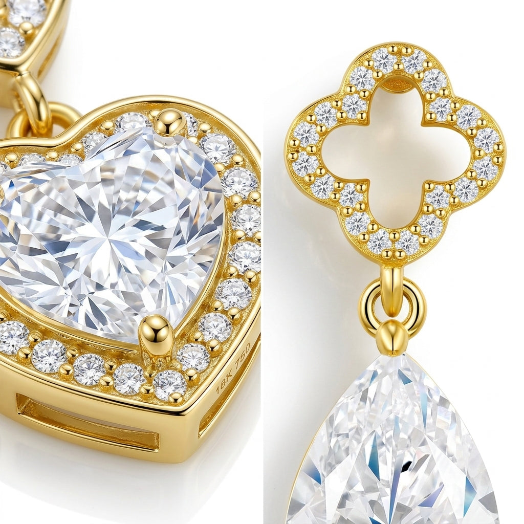 Macro view showing heart halo pave setting and openwork clover stud on gold moissanite earrings.