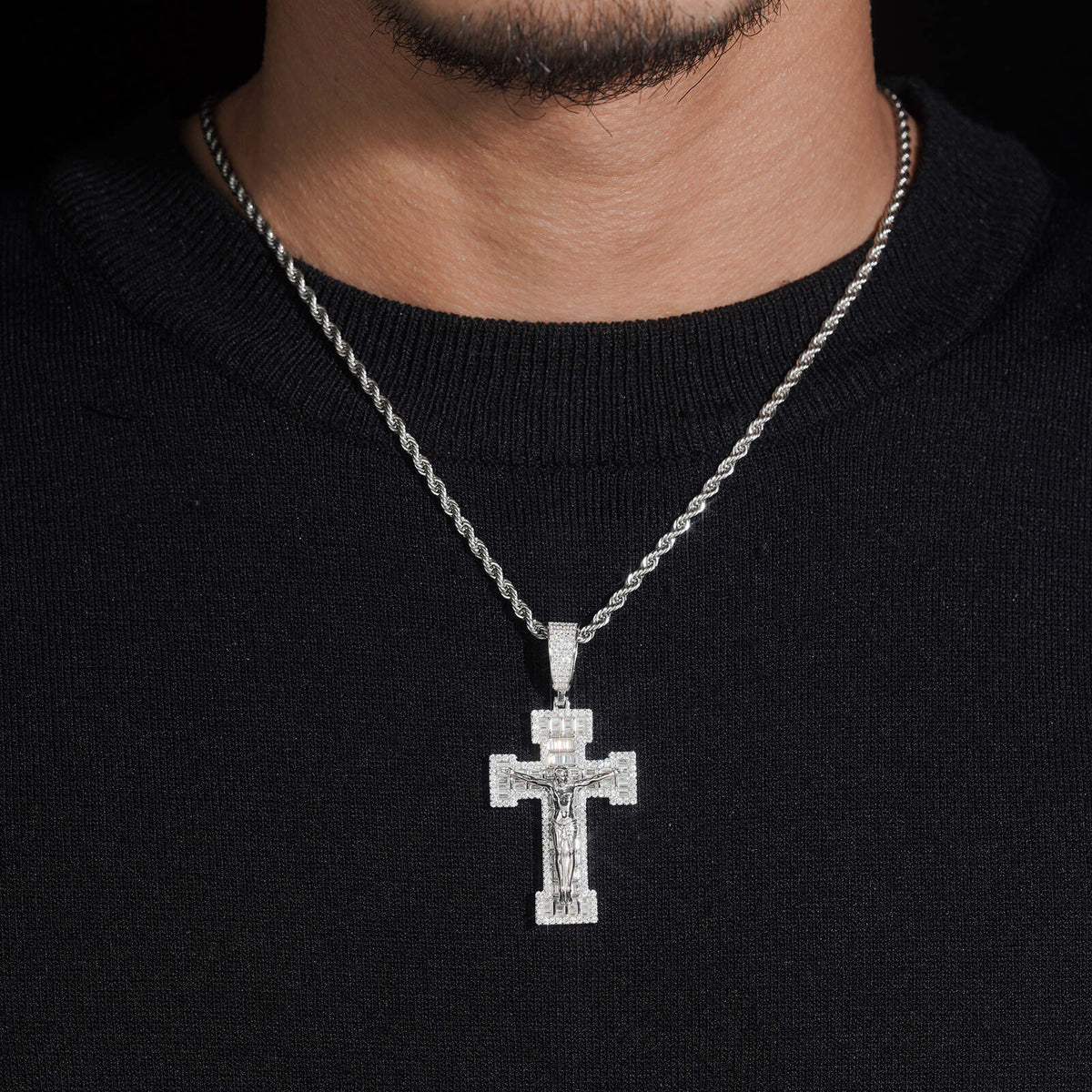 Model wearing S925 sterling silver iced out moissanite baguette crucifix cross pendant necklace