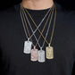 Model wearing layered S925 silver iced out moissanite baguette initial dog tag pendant necklaces