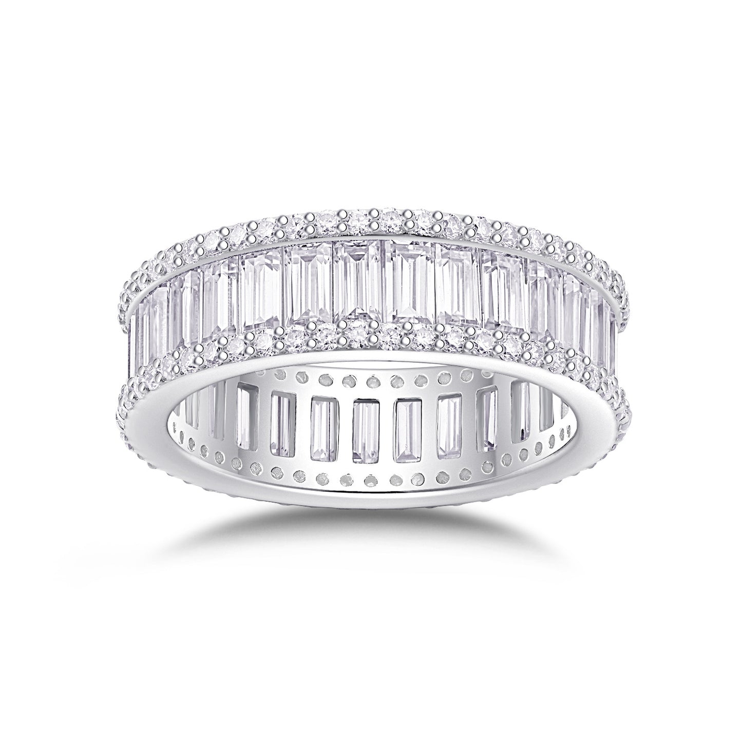 Baguette moissanite eternity ring with double edge round pave halo in 925 sterling silver.