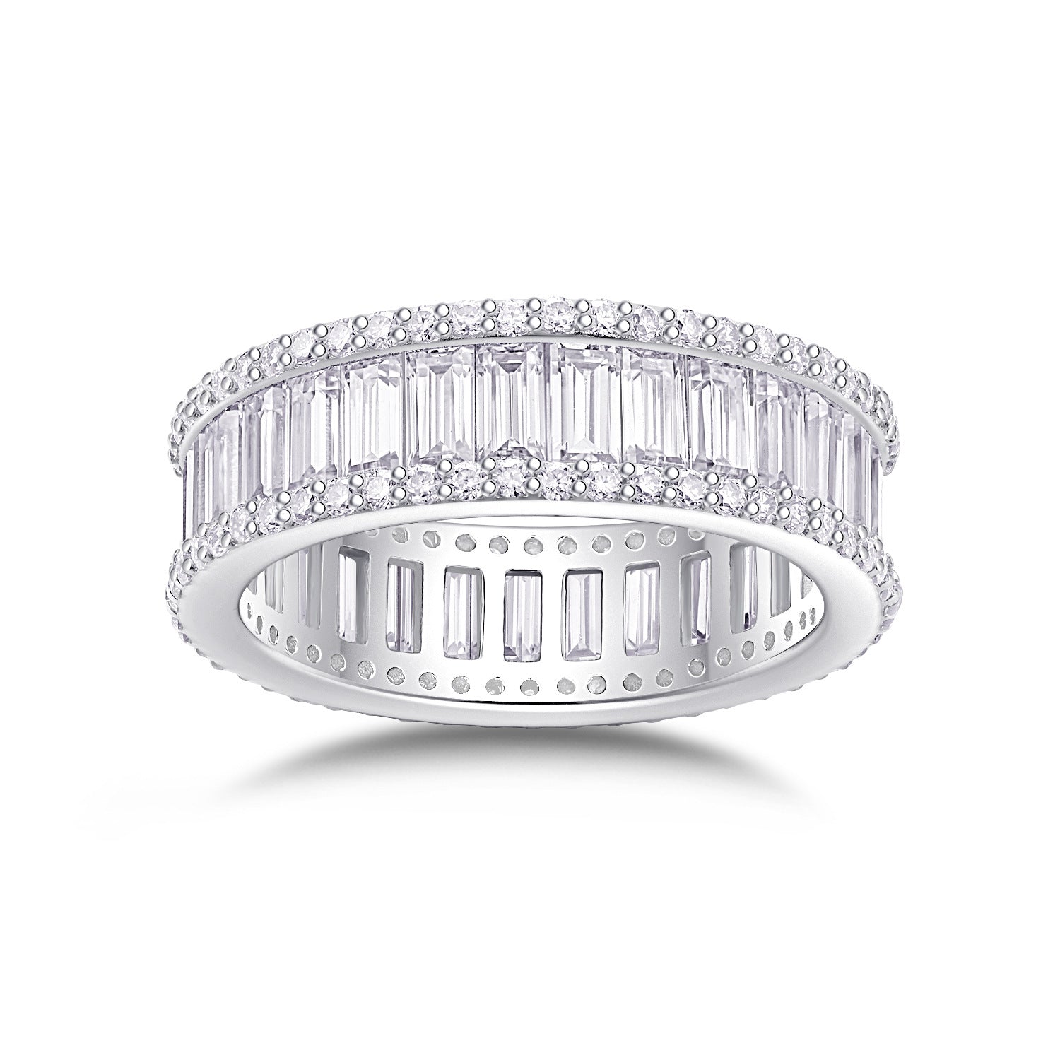 Baguette moissanite eternity ring with double edge round pave halo in 925 sterling silver.
