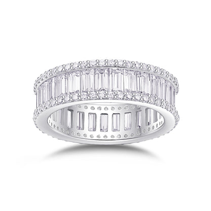 Baguette moissanite eternity ring with double edge round pave halo in 925 sterling silver.