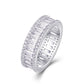 Angled view showing interior openwork gallery on baguette moissanite double halo ring.