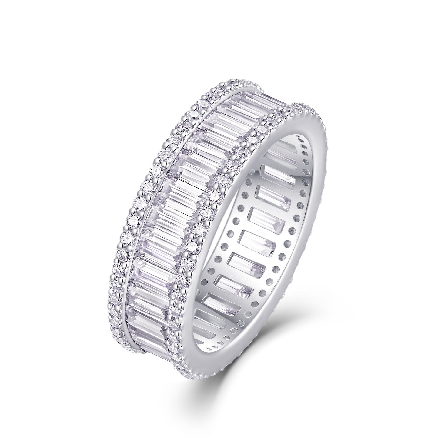 Angled view showing interior openwork gallery on baguette moissanite double halo ring.