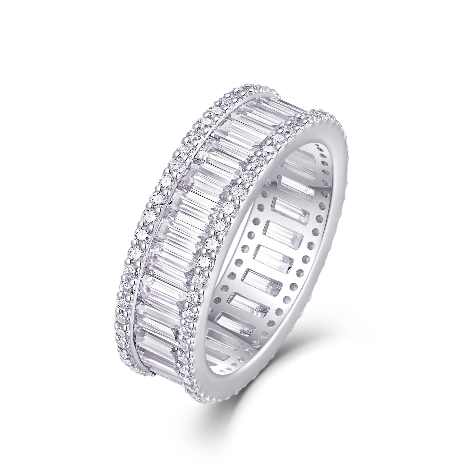 Angled view showing interior openwork gallery on baguette moissanite double halo ring.