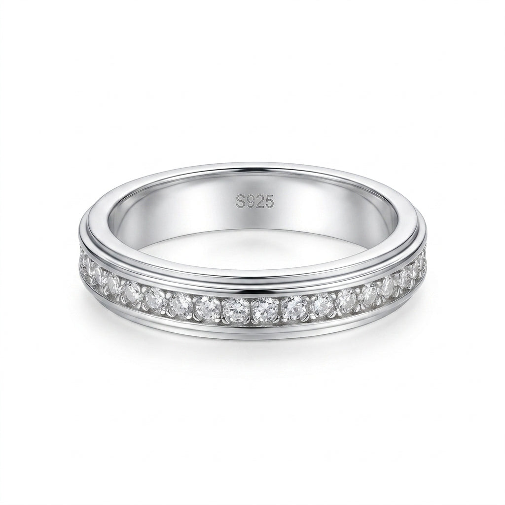 Beveled edge channel set moissanite eternity stacking ring in 925 sterling silver.