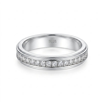 Beveled edge channel set moissanite eternity stacking ring in 925 sterling silver.