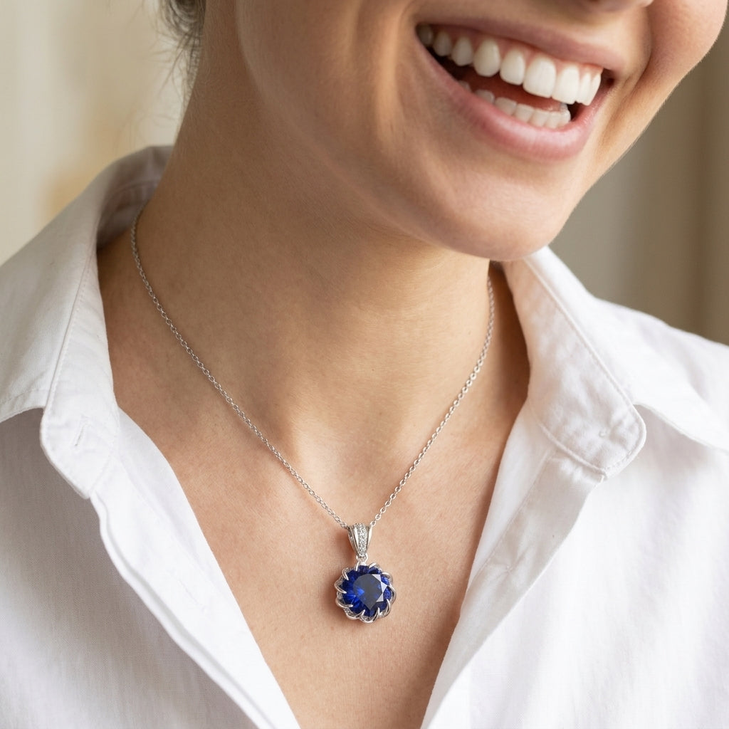 Woman wearing a silver necklace with a blue pendant