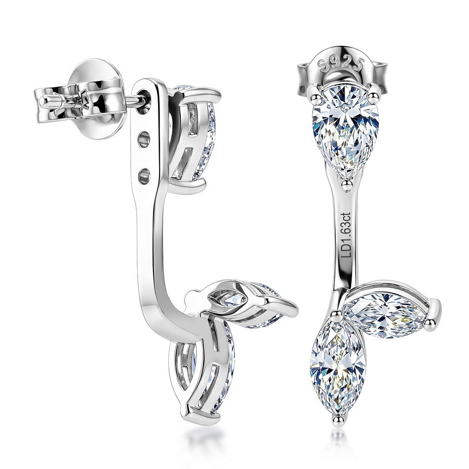 Detail view of 3-hole height adjustable ear jacket stem with marquise leaf cluster.