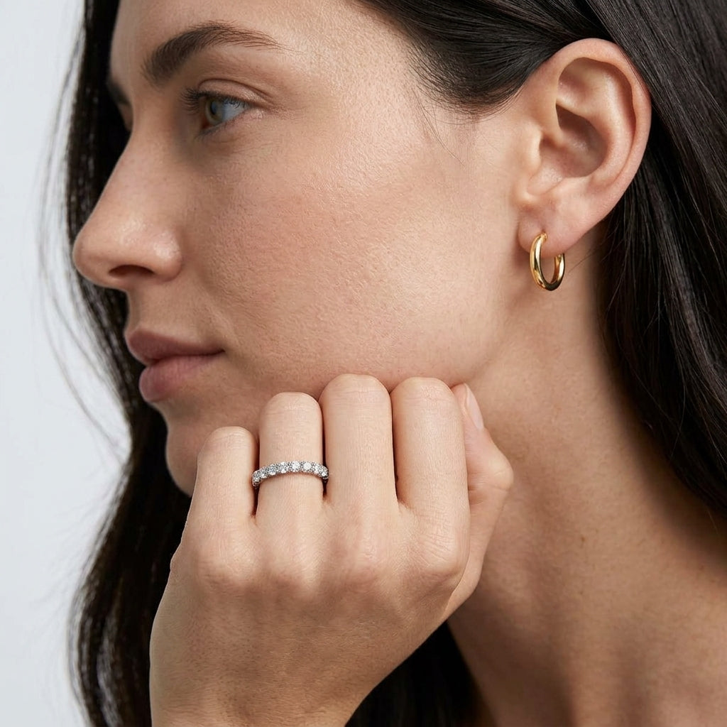 Model wearing brilliant full eternity lab grown diamond wedding band on hand