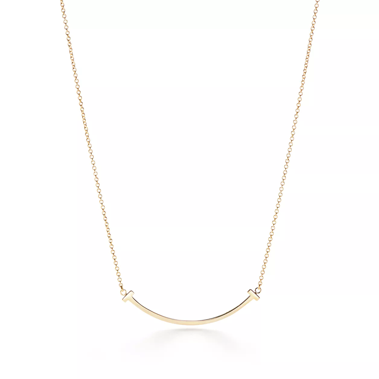 Zerra Jewelry Tiffany T Smile pendant small necklace featuring a sleek, modern gold T-shaped charm on a delicate chain.