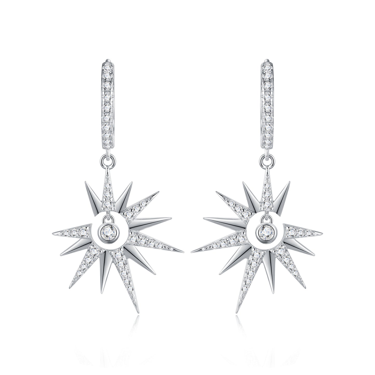 Close-up view of a model wearing celestial starburst crescent moon moissanite dangle hoop earring.
