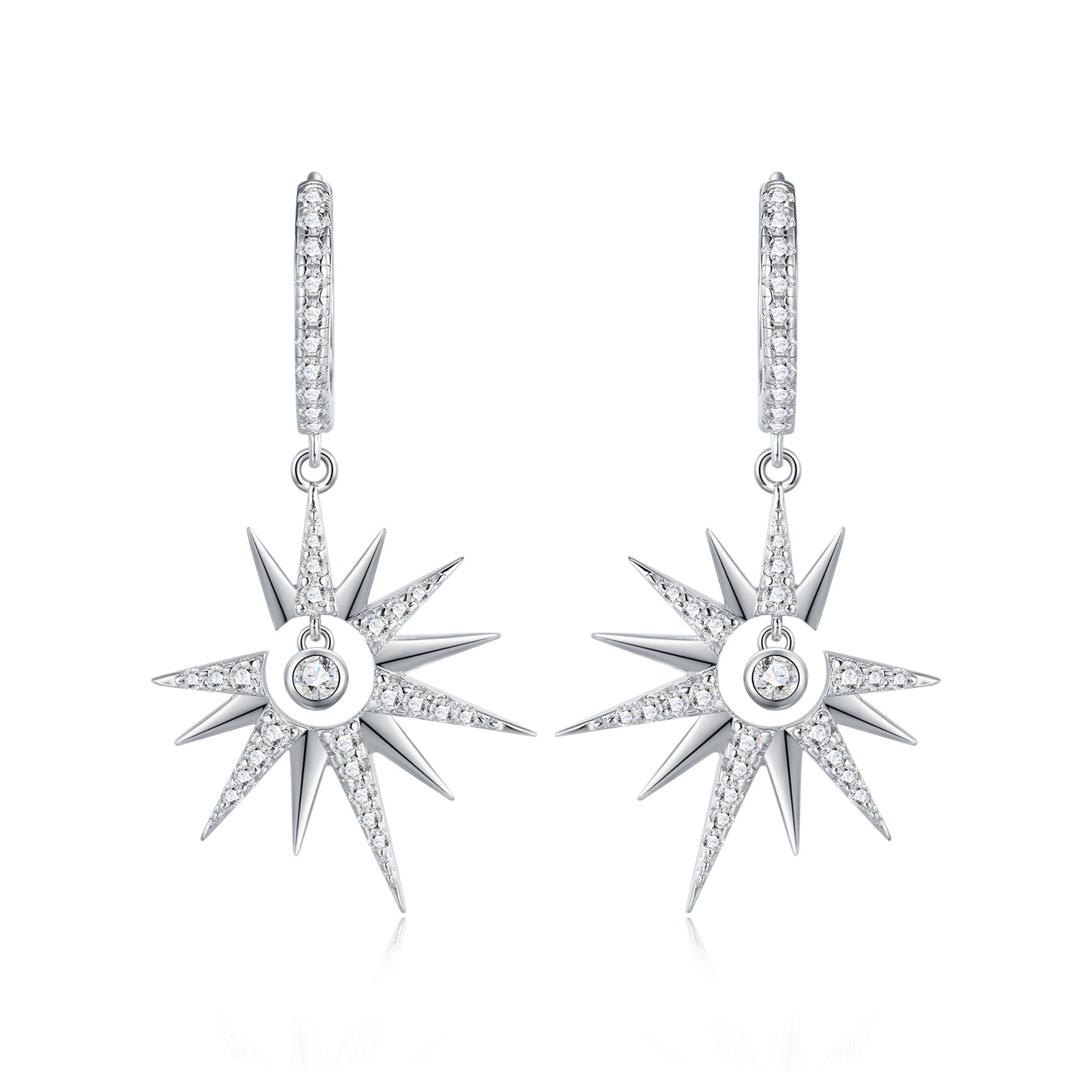 Close-up view of a model wearing celestial starburst crescent moon moissanite dangle hoop earring.